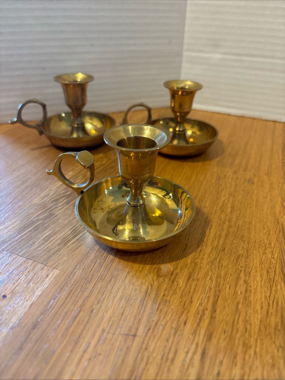 Vintage Solid Brass Chamberstick Candle set 3 Holders Finger Loop Made In India